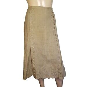 J. Jill Sz 10 Skirt Flare A-Line Pleated 100% Linen Embroidered Spring Summer T4